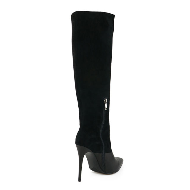 Sharon Gray Suede Leather Black Cow Leather Knee High Boots
