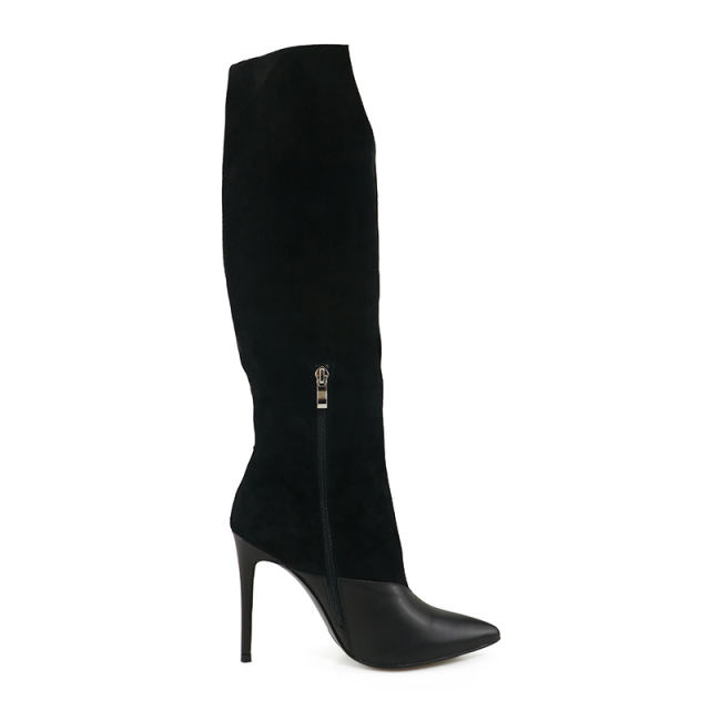 Sharon Gray Suede Leather Black Cow Leather Knee High Boots