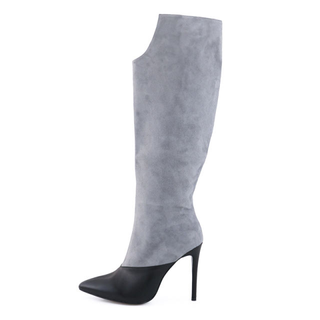 Sharon Gray Suede Leather Black Cow Leather Knee High Boots