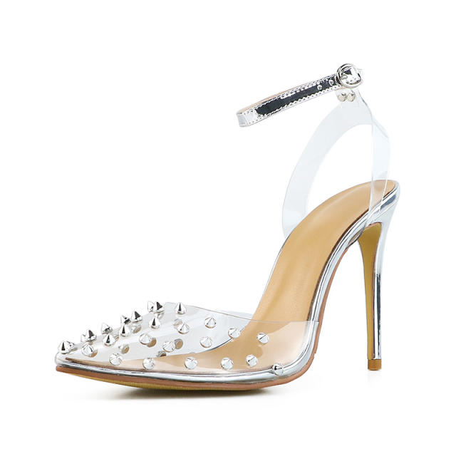Candice Silver Mirror Leather Clear PVC Studded Sandals