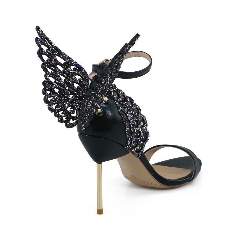Elaine Black Glitter Fabric Wings Sandals
