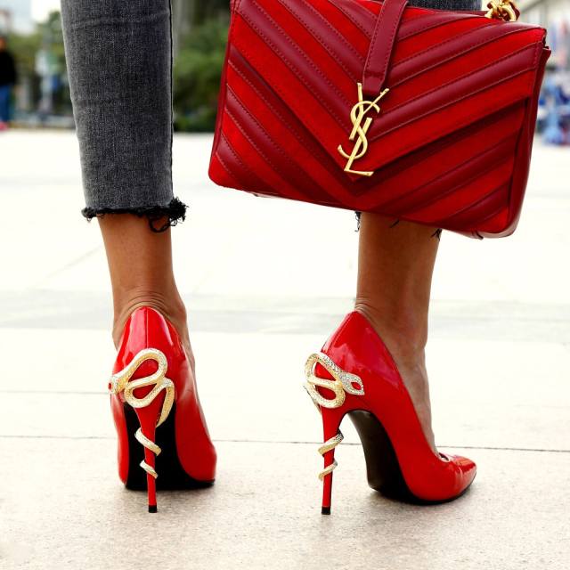 Erica Red Patent Leather Snake Metal Buckle Pumps