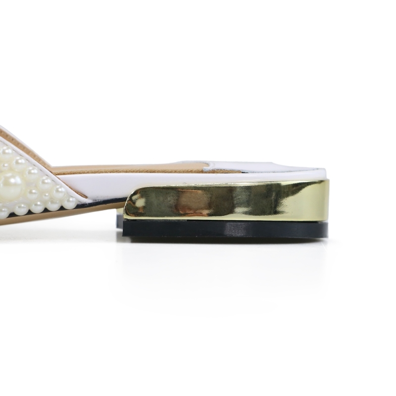 April White Patent Leather Pearl Flats Sandals Mules