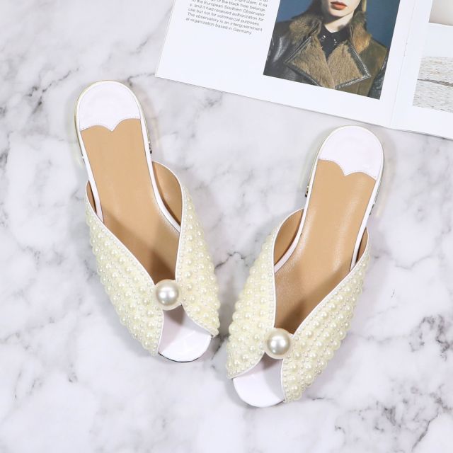 April White Patent Leather Pearl Flats Sandals Mules