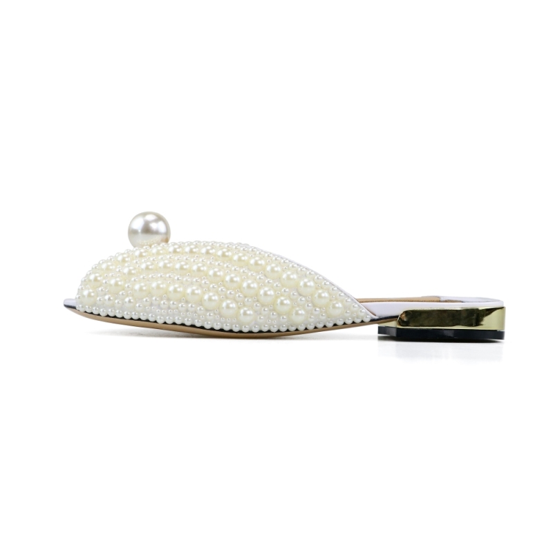 April White Patent Leather Pearl Flats Sandals Mules
