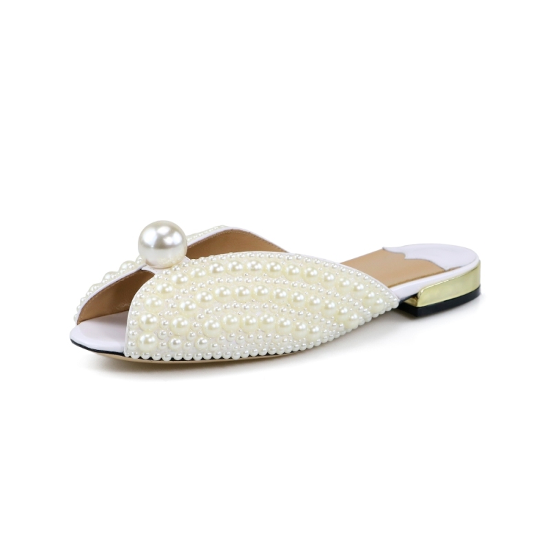 April White Patent Leather Pearl Flats Sandals Mules
