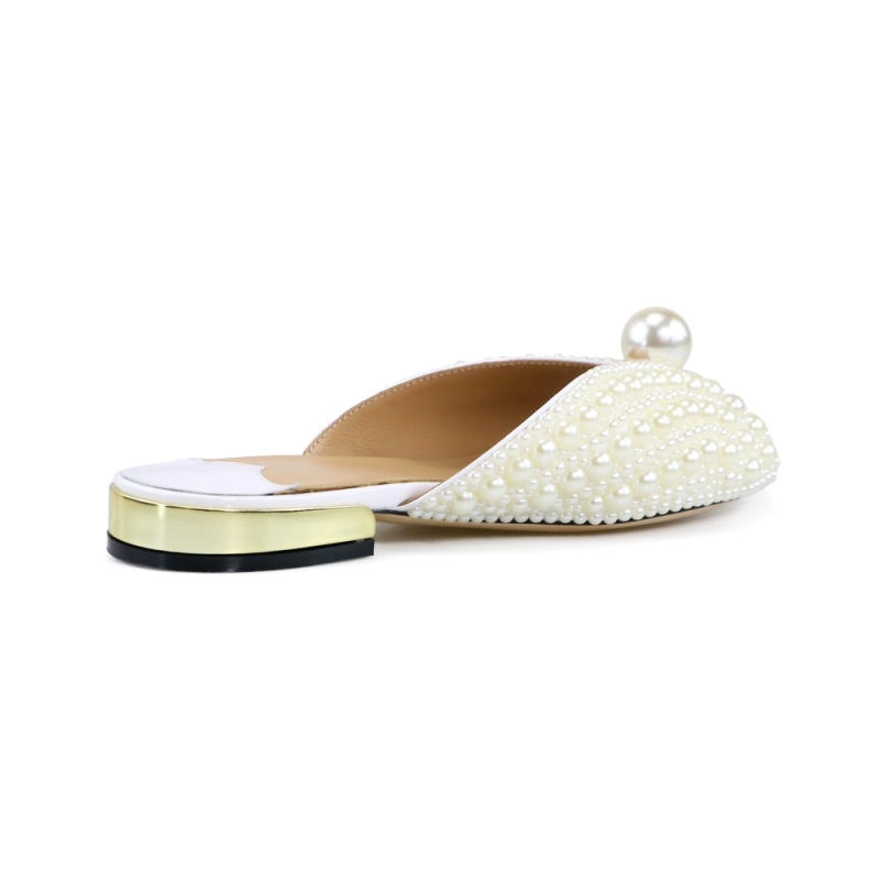 April White Patent Leather Pearl Flats Sandals Mules