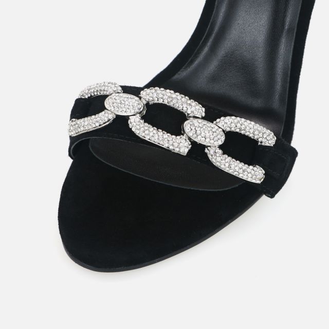 Alma Black Suede Leather Diamond Sandals
