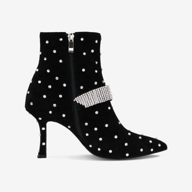 Martina Black Suede Leather Diamond Ankle Boots