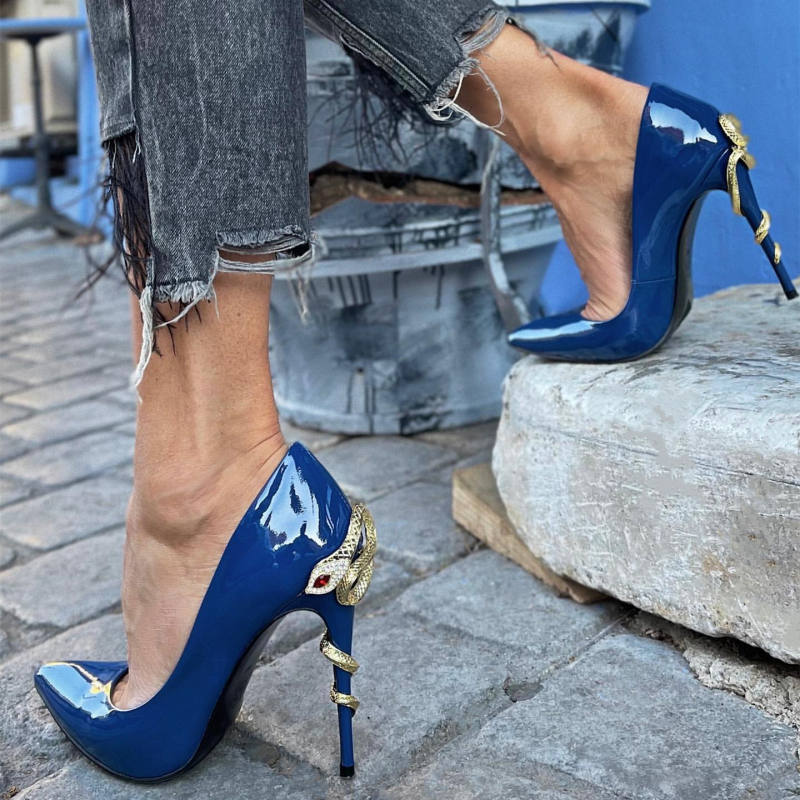 Erica Navy Blue Patent Leather Snake Metal Buckle Pumps