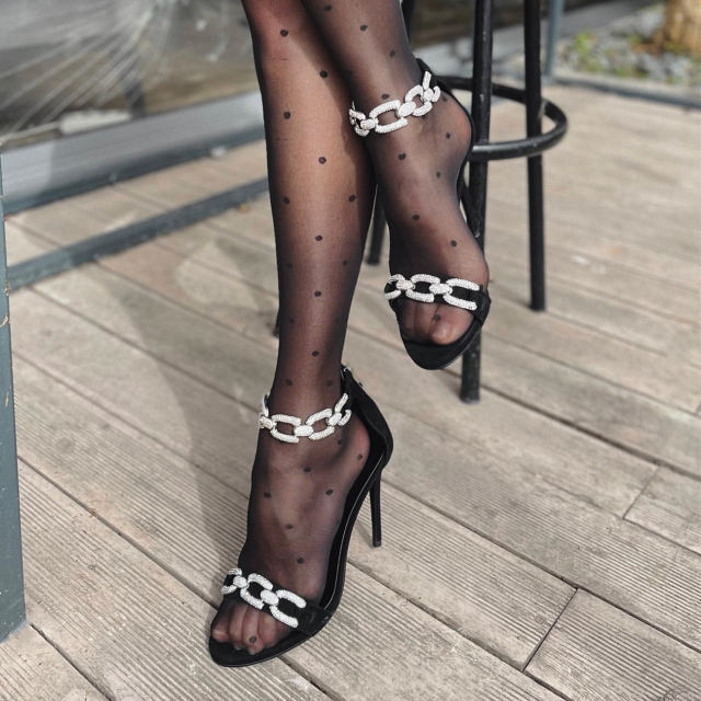 Alma Black Suede Leather Diamond Sandals