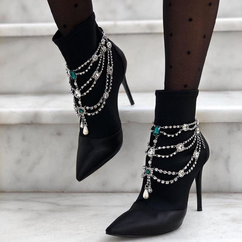 Donna Black Satin Crystal Necklace Ankle Boots