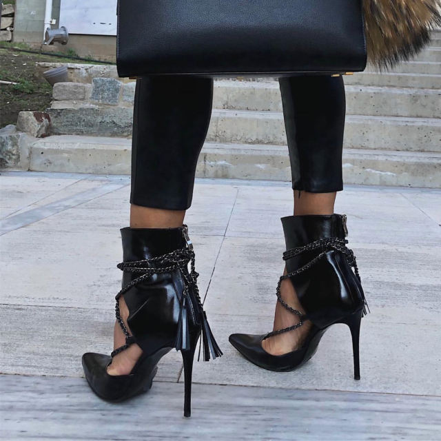Charlotte Black Leather Handmade Chain Lace-up Ankle Boots