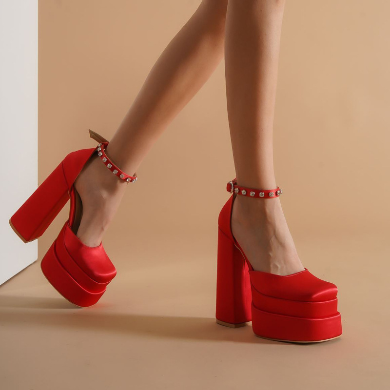 Amina Satin Platform Chunky Heel Pumps