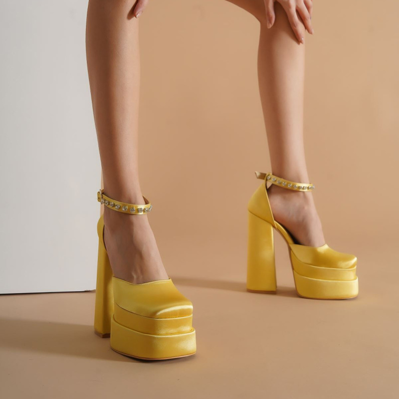Amina Satin Platform Chunky Heel Pumps