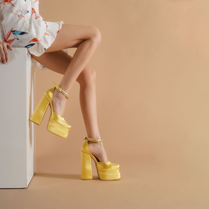 Amina Satin Platform Chunky Heel Pumps