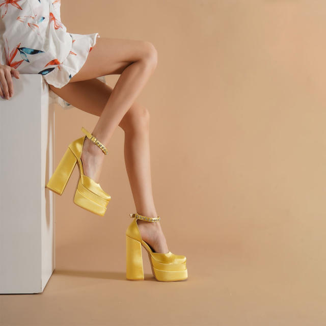 Amina Satin Platform Chunky Heel Pumps