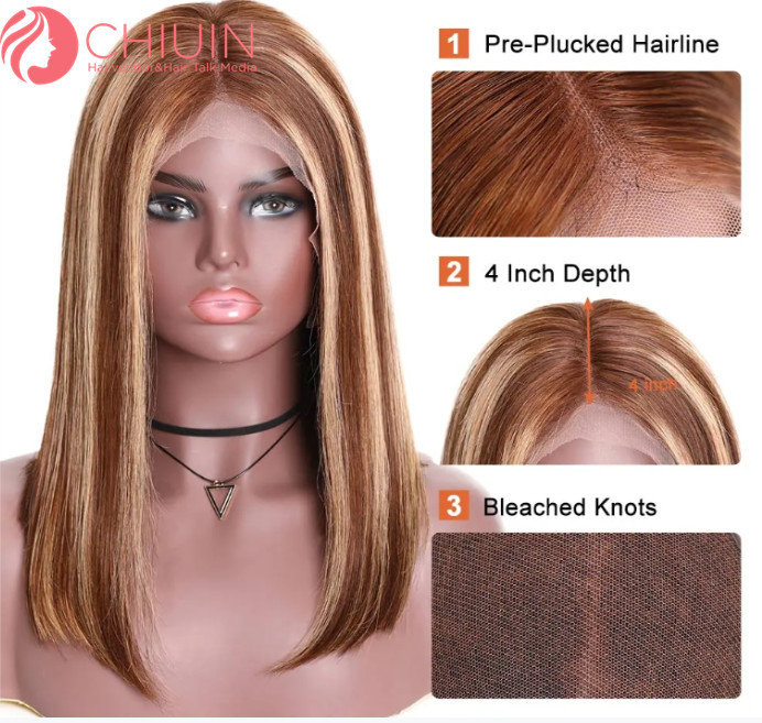 Bob Wigs Straight Highlight #4/613 Transparent Lace Frontal Wigs