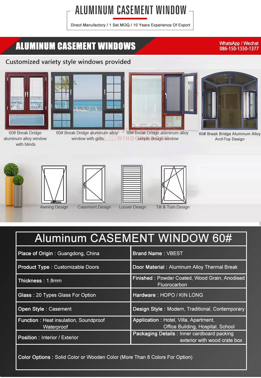 New Waterproof and Sound Insulation aluminium Wooden Color Windows