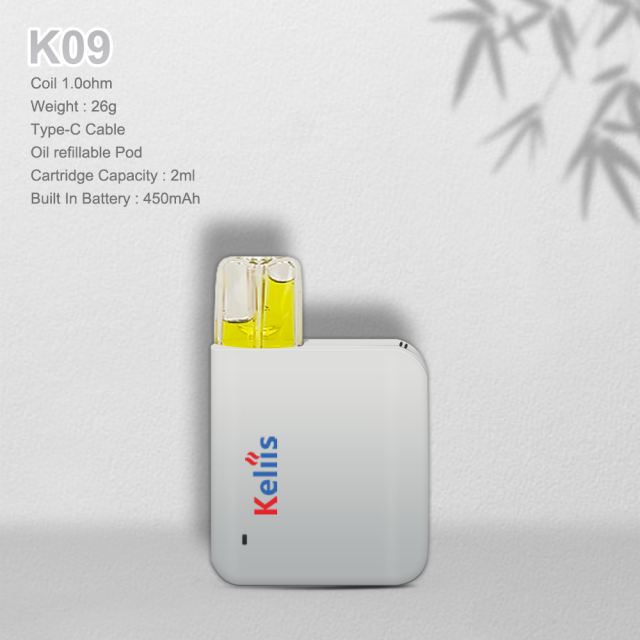 K09 Coil 1.0ohm Weight : 26g Type-C Cable Oil refillable Pod Cartridge Capacity : 2ml Built In Battery : 450mAh