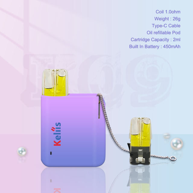 K09 Coil 1.0ohm Weight : 26g Type-C Cable Oil refillable Pod Cartridge Capacity : 2ml Built In Battery : 450mAh