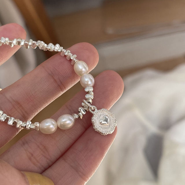 Sterling silver love pendant beaded pearl bracelet