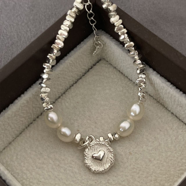 Sterling silver love pendant beaded pearl bracelet