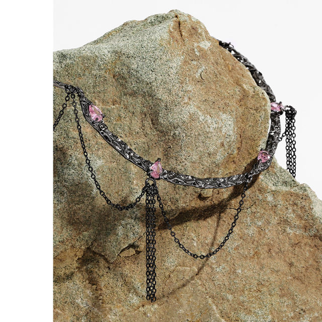 Multilayer chain tassel powder zirconium necklace