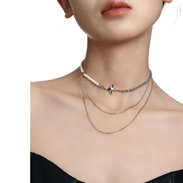 Multi-tassel zircon pearl necklace set