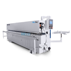 Encoladora de cantos automática compacta MY-12 de 3,5 metros con precalentamiento, boquillas separadoras, prefresado, encolado, prensado, corte de extremos, recorte fino, raspado de arco, raspado plano y funciones de limpieza.