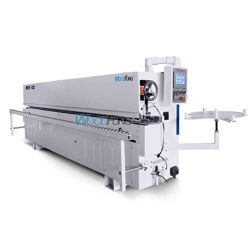 Encoladora de cantos automática compacta MY-12 de 3,5 metros con precalentamiento, boquillas separadoras, prefresado, encolado, prensado, corte de extremos, recorte fino, raspado de arco, raspado plano y funciones de limpieza.