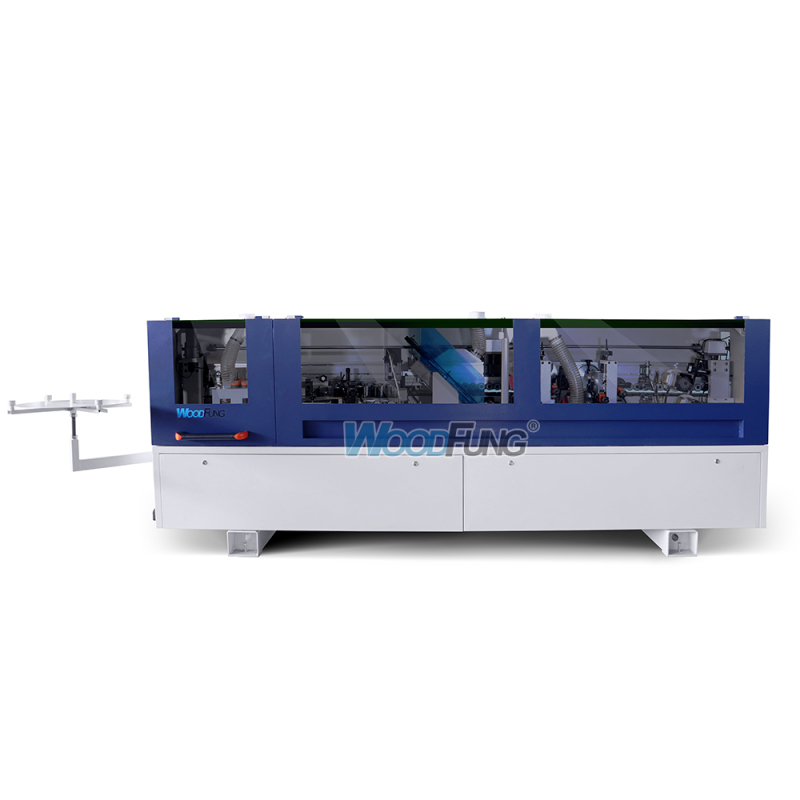 Encoladora de cantos automática compacta MY-12 de 3,5 metros con precalentamiento, boquillas separadoras, prefresado, encolado, prensado, corte de extremos, recorte fino, raspado de arco, raspado plano y funciones de limpieza.