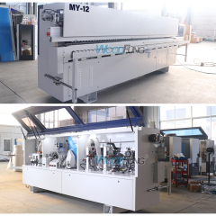 Encoladora de cantos automática compacta MY-12 de 3,5 metros con precalentamiento, boquillas separadoras, prefresado, encolado, prensado, corte de extremos, recorte fino, raspado de arco, raspado plano y funciones de limpieza.