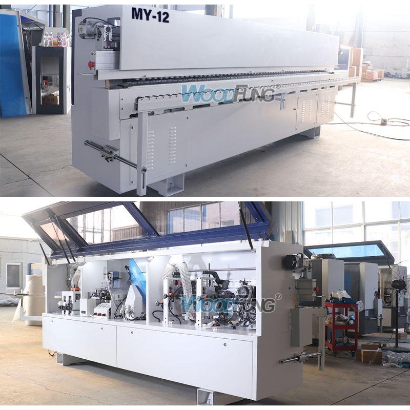 Encoladora de cantos automática compacta MY-12 de 3,5 metros con precalentamiento, boquillas separadoras, prefresado, encolado, prensado, corte de extremos, recorte fino, raspado de arco, raspado plano y funciones de limpieza.