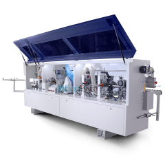 Encoladora de cantos automática compacta MY-12 de 3,5 metros con precalentamiento, boquillas separadoras, prefresado, encolado, prensado, corte de extremos, recorte fino, raspado de arco, raspado plano y funciones de limpieza.