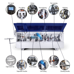 Encoladora de cantos automática compacta MY-12 de 3,5 metros con precalentamiento, boquillas separadoras, prefresado, encolado, prensado, corte de extremos, recorte fino, raspado de arco, raspado plano y funciones de limpieza.