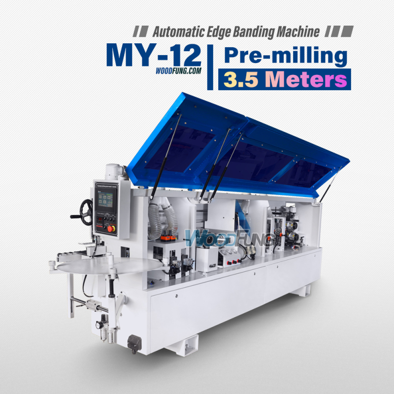 Encoladora de cantos automática compacta MY-12 de 3,5 metros con precalentamiento, boquillas separadoras, prefresado, encolado, prensado, corte de extremos, recorte fino, raspado de arco, raspado plano y funciones de limpieza.