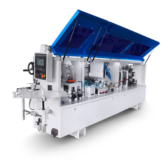 Encoladora de cantos automática compacta MY-12 de 3,5 metros con precalentamiento, boquillas separadoras, prefresado, encolado, prensado, corte de extremos, recorte fino, raspado de arco, raspado plano y funciones de limpieza.