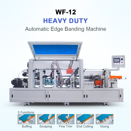 WF-12 con encolado, corte de extremos, corte fino, desguace y pulido automático de bandas de borde