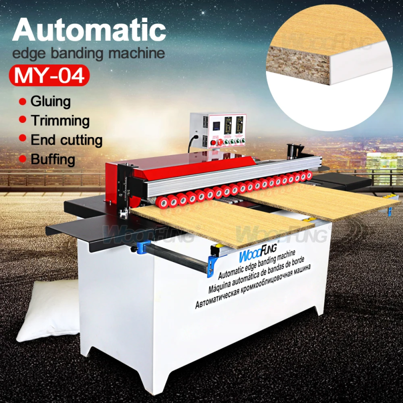 MY-04 Mini máquina automática de bandas de borde, encolado, corte final, pulido, recolección de polvo, MDF recto, alimentador automático de bandas de borde
