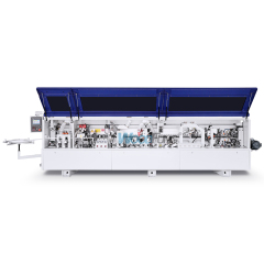 Máquina enchapadora de cantos automática compacta MY-12 de 3,5 metros con precalentamiento, boquillas separadoras, prefresado, encolado, prensado, corte de extremos, recorte fino, raspado de arco, raspado plano y funciones de limpieza