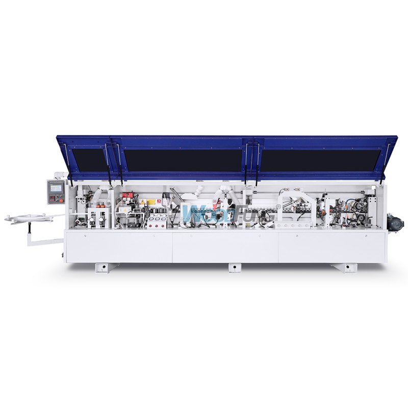Máquina enchapadora de cantos automática compacta MY-12 de 3,5 metros con precalentamiento, boquillas separadoras, prefresado, encolado, prensado, corte de extremos, recorte fino, raspado de arco, raspado plano y funciones de limpieza
