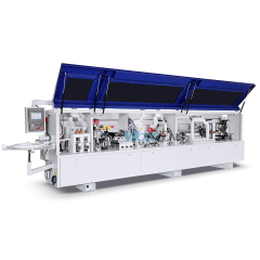 Máquina enchapadora de cantos automática compacta MY-12 de 3,5 metros con precalentamiento, boquillas separadoras, prefresado, encolado, prensado, corte de extremos, recorte fino, raspado de arco, raspado plano y funciones de limpieza