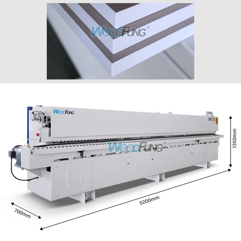 Máquina enchapadora de cantos automática compacta MY-12 de 3,5 metros con precalentamiento, boquillas separadoras, prefresado, encolado, prensado, corte de extremos, recorte fino, raspado de arco, raspado plano y funciones de limpieza