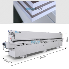Máquina enchapadora de cantos automática compacta MY-12 de 3,5 metros con precalentamiento, boquillas separadoras, prefresado, encolado, prensado, corte de extremos, recorte fino, raspado de arco, raspado plano y funciones de limpieza