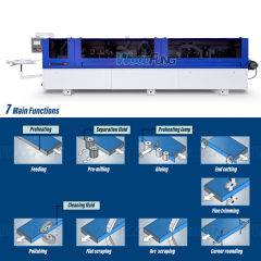 Máquina enchapadora de cantos automática compacta MY-12 de 3,5 metros con precalentamiento, boquillas separadoras, prefresado, encolado, prensado, corte de extremos, recorte fino, raspado de arco, raspado plano y funciones de limpieza