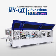 Máquina enchapadora de cantos automática compacta MY-12 de 3,5 metros con precalentamiento, boquillas separadoras, prefresado, encolado, prensado, corte de extremos, recorte fino, raspado de arco, raspado plano y funciones de limpieza