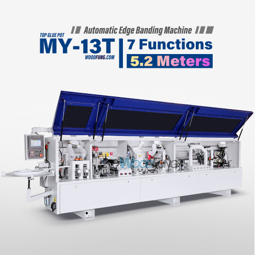 Máquina enchapadora de cantos automática compacta MY-12 de 3,5 metros con precalentamiento, boquillas separadoras, prefresado, encolado, prensado, corte de extremos, recorte fino, raspado de arco, raspado plano y funciones de limpieza