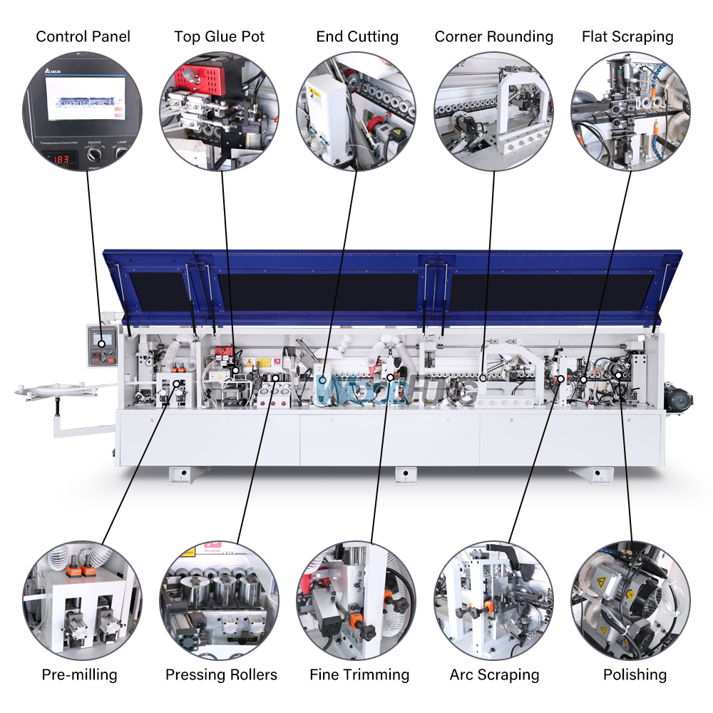 Máquina enchapadora de cantos automática compacta MY-12 de 3,5 metros con precalentamiento, boquillas separadoras, prefresado, encolado, prensado, corte de extremos, recorte fino, raspado de arco, raspado plano y funciones de limpieza