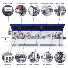 Máquina enchapadora de cantos automática compacta MY-12 de 3,5 metros con precalentamiento, boquillas separadoras, prefresado, encolado, prensado, corte de extremos, recorte fino, raspado de arco, raspado plano y funciones de limpieza